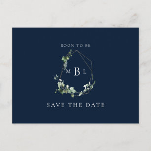 Foliage Monogram Wedding Save the Date Navy Announcement Postcard