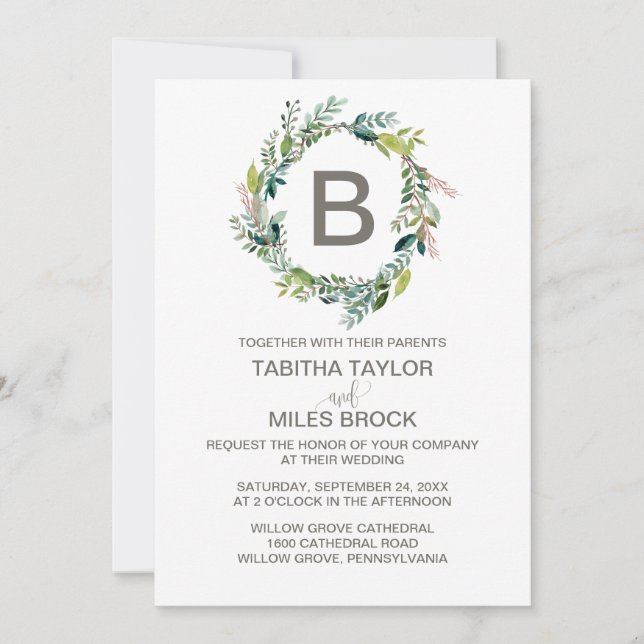 Foliage Monogram Wreath Wedding Invitation (Front)