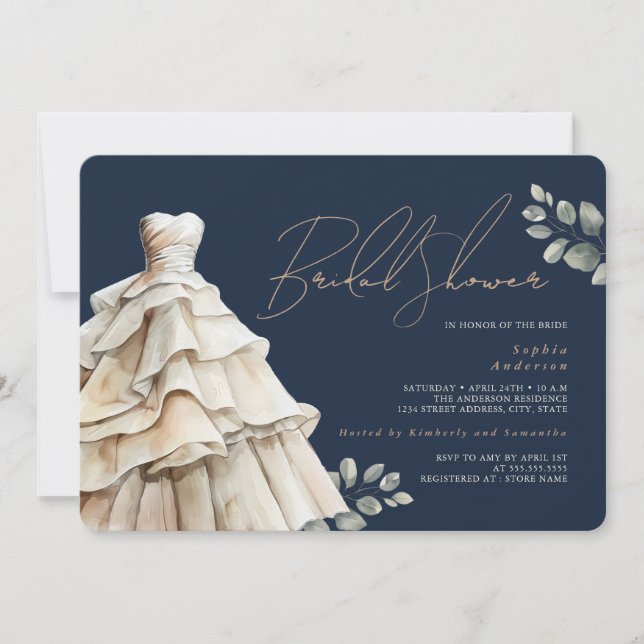  Foliage Navy Beige Wedding Dress Bridal Shower Invitation (Front)