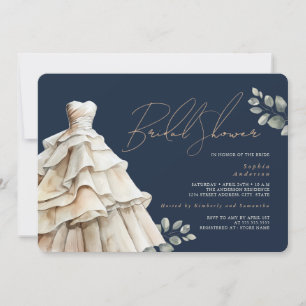 Foliage Navy Beige Wedding Dress Bridal Shower Invitation