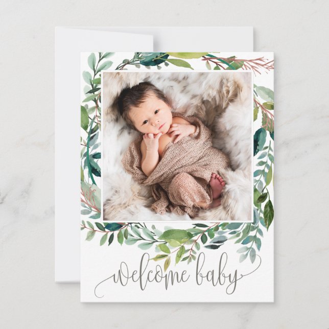 Foliage Photo Birth Announcement Card (Front)