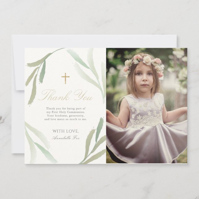Foliage Photo First Holy Communion Thank You Card (Front)