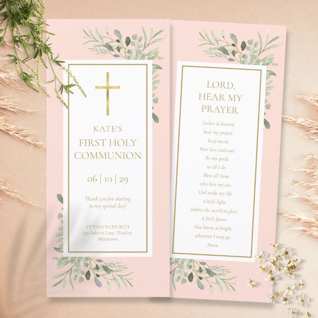 Foliage Pink Holy Communion Prayer Card Bookmark (Creator Uploaded)