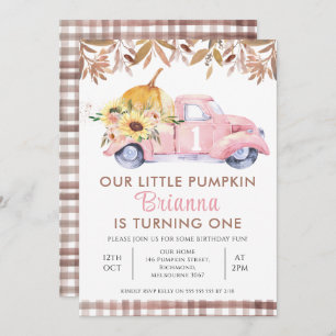 Foliage Pink Truck Little Pumpkin 1st Birthday Invitation