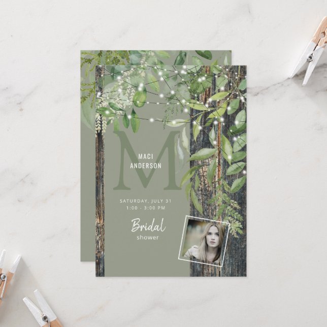 Foliage Rustic Photo Sage Lights Bridal Shower   Invitation (Front/Back In Situ)