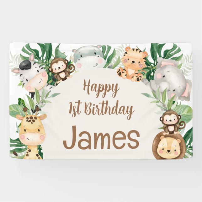 Foliage Safari Animals Arch 1st Birthday Banner (Horizontal)