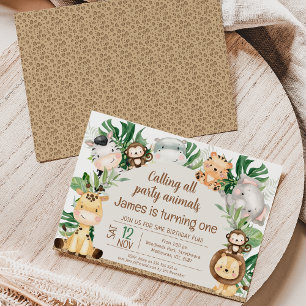 Foliage Safari Arch Party Animals 1st Birthday Invitation