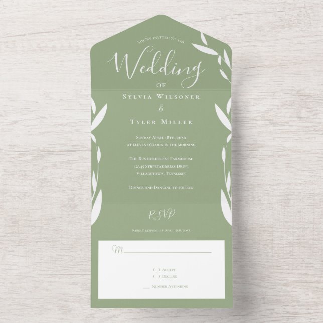 Foliage Sage Green White Wedding All In One Invitation (Inside)