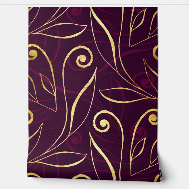   Foliage & Swirls Modern Damask Purple and Gold Wallpaper (Unrolling)