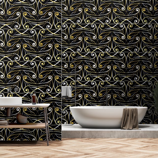   Foliage & Swirls Modern Damask Silver Gold Black Wallpaper (Bathroom)