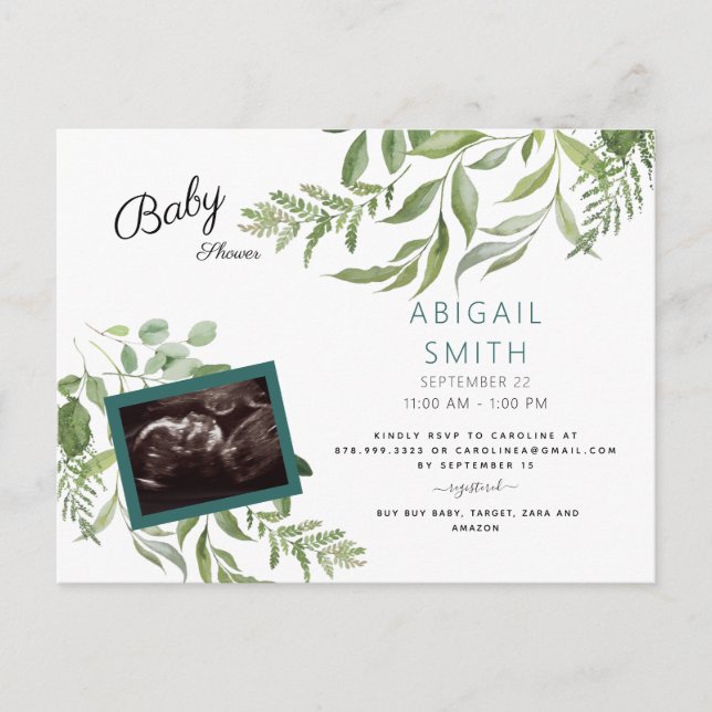 Foliage Ultrasound Photo Teal Baby Shower   Invitation Postcard (Front)