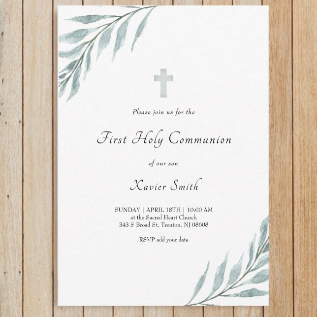 foliage watercolor design First Holy Communion Invitation (Creator Uploaded)