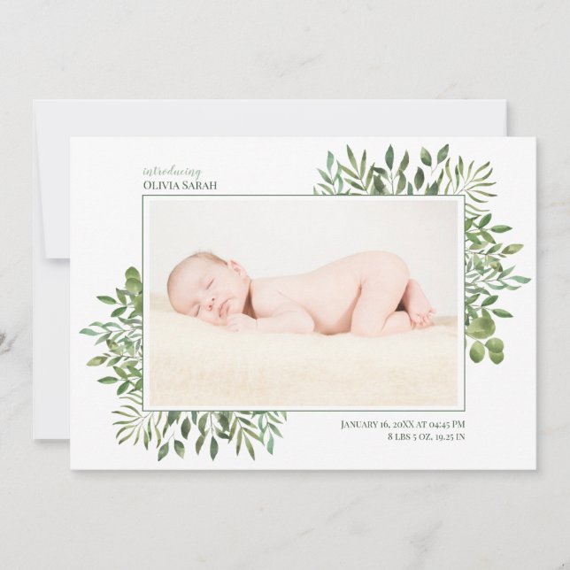 Foliage Watercolor Photo Collage Newborn Birth Announcement (Front)
