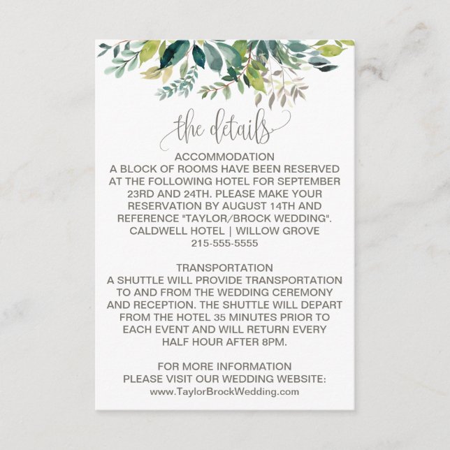 Foliage Wedding Details Enclosure Card (Front)