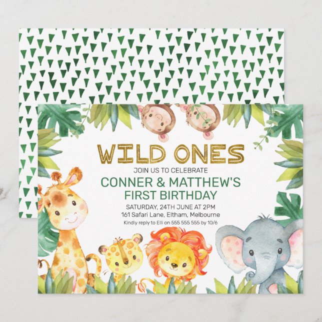 Foliage Wild One Twin Boys Safari Animals Birthday Invitation (Front/Back)