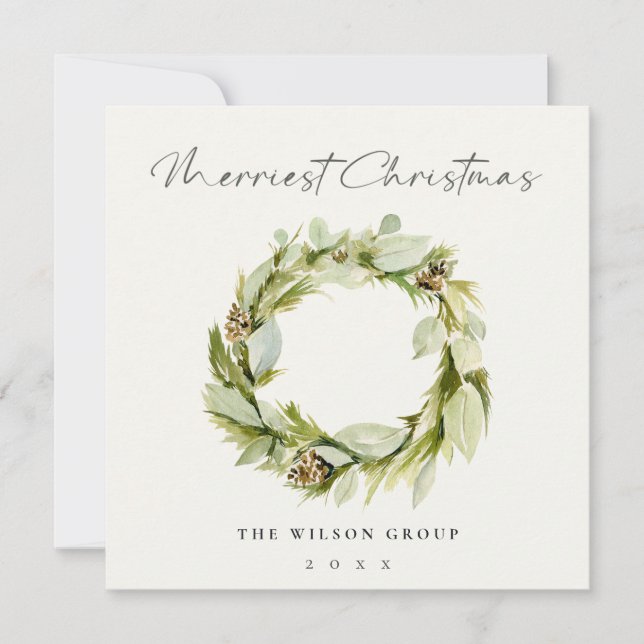 Foliage Winter Wreath Merriest Christmas Logo Holiday Card (Front)