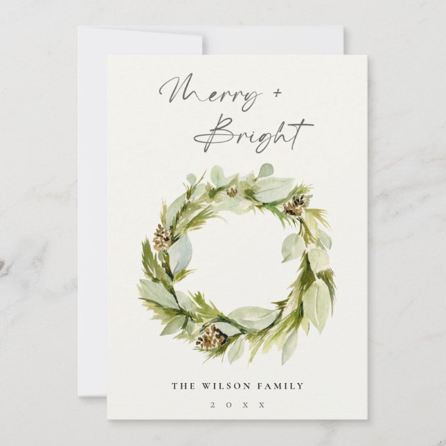 Foliage Winter Wreath Merry & Bright Christmas Holiday Card (Front)