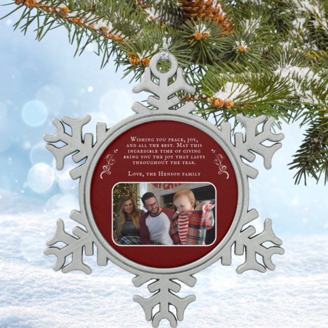 Foliage Wishes Family Photo Red Christmas Snowflake Pewter Christmas Ornament (Creator Uploaded)