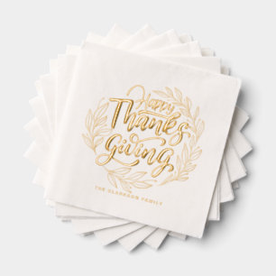 Foliage Wreath Hand Lettered Happy Thanksgiving Foil Napkins