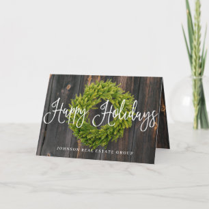 Foliage Wreath on Wood Happy Holidays Greeting Card