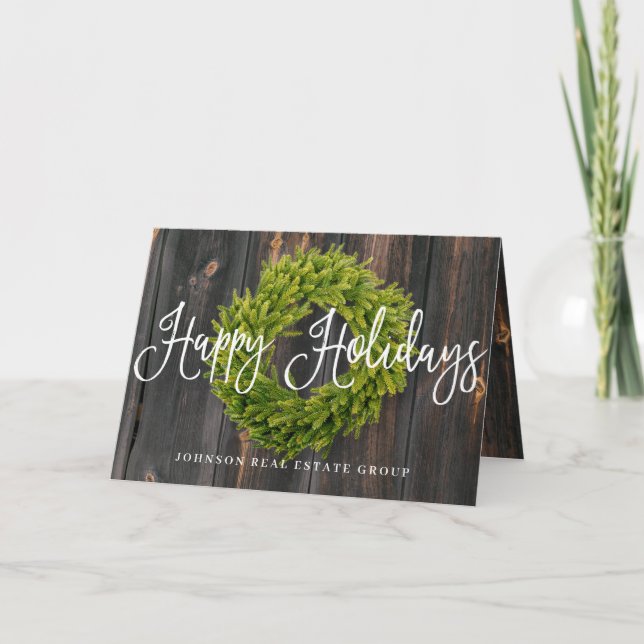 Foliage Wreath on Wood | Happy Holidays Greeting Card (Front)