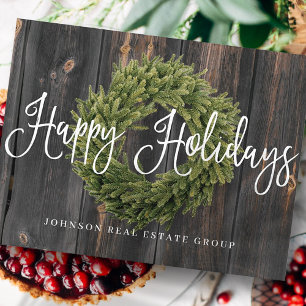 Foliage Wreath on Wood   Happy Holidays Greeting Holiday Postcard