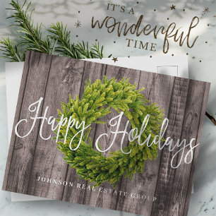 Foliage Wreath on Wood Happy Holidays Greeting Holiday Postcard