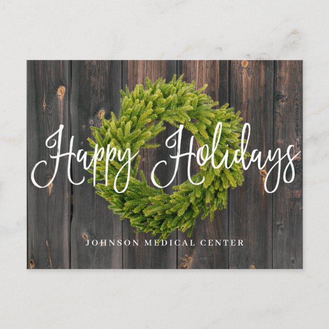 Foliage Wreath on Wood | Happy Holidays Medical Holiday Postcard (Front)