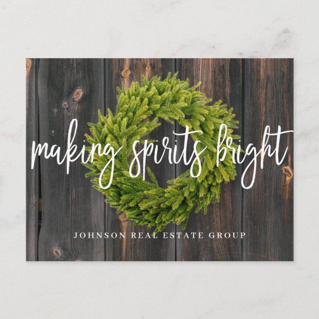 Foliage Wreath on Wood | Making Spirits Bright Holiday Postcard (Front)