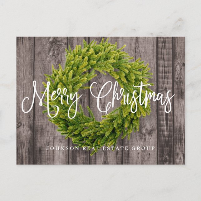 Foliage Wreath on Wood | Merry Christmas Greeting Holiday Postcard (Front)