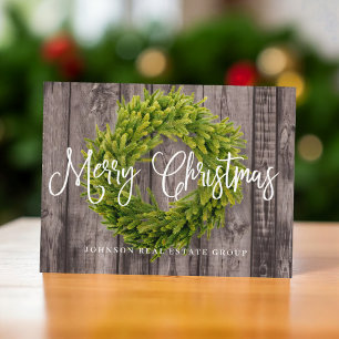 Foliage Wreath on Wood   Merry Christmas Greeting Holiday Postcard