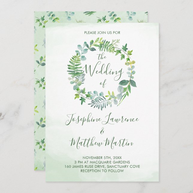 Foliage Wreath Watercolor Greenery Wedding Invitation (Front/Back)
