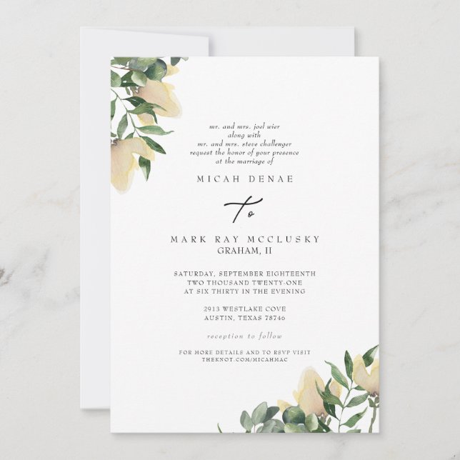 Foliage & Yellow Peonies Divorced Parents Website Invitation (Front)