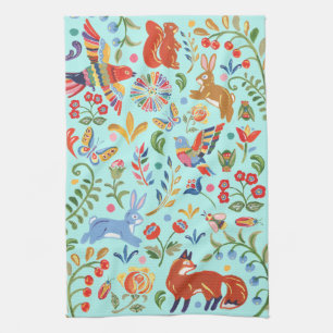 Folk Animal Woodland Floral Turquoise Fiesta Tea Towel