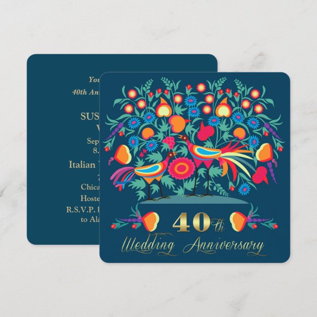 Folk Art 40th Wedding Anniversary Party Invitation (Front/Back)