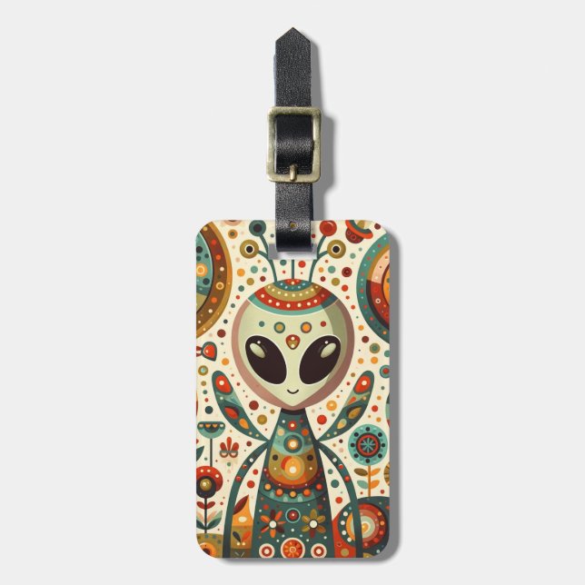 Folk Art Alien Bug Luggage Tag - Customise (Front Vertical)