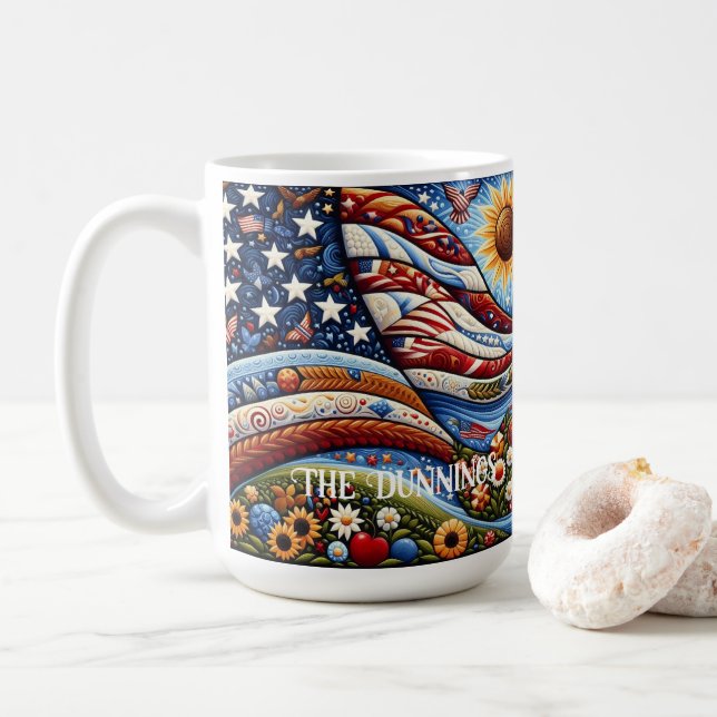 Folk Art American Flag Landscape Coffee Mug (With Donut)