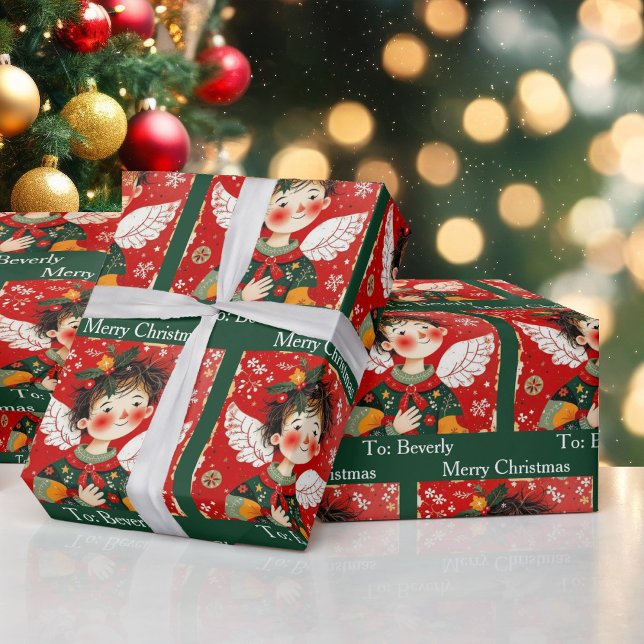Folk-art Angel Add Recipients Name Christmas Roll  Wrapping Paper (Creator Uploaded)