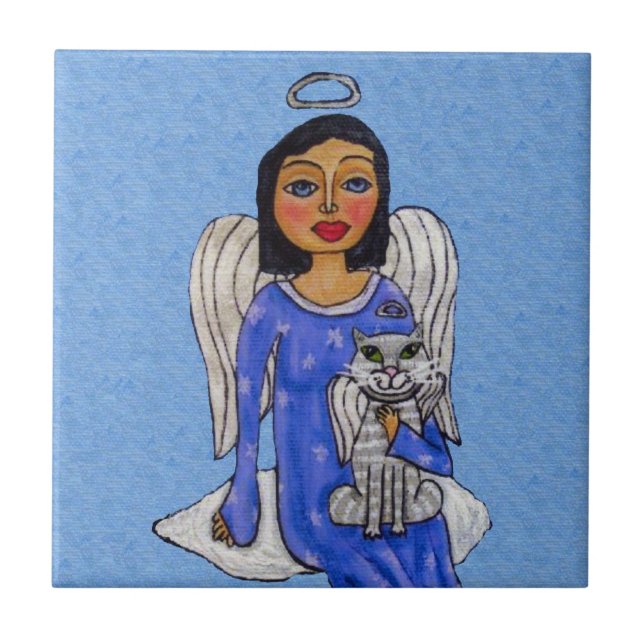 Folk Art Angel Blue eyes White Angel Cat on Cloud Tile (Front)