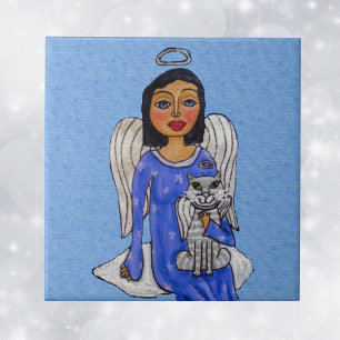 Folk Art Angel Blue eyes White Angel Cat on Cloud Tile