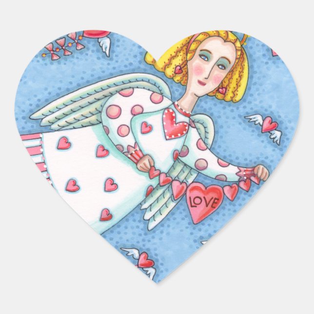 FOLK ART ANGEL, CAT AND FLYING HEARTS HEART STICKER (Front)
