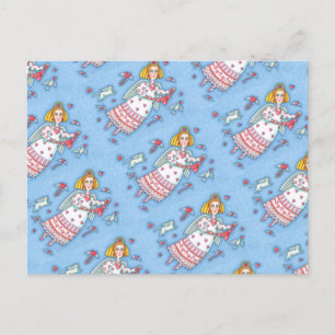 FOLK ART ANGEL, CAT AND FLYING HEARTS POSTCARD