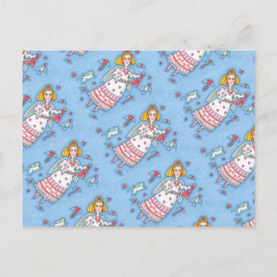 FOLK ART ANGEL, CAT AND FLYING HEARTS POSTCARD