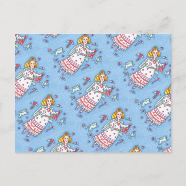 FOLK ART ANGEL, CAT AND FLYING HEARTS POSTCARD (Front)