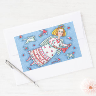FOLK ART ANGEL, CAT AND FLYING HEARTS RECTANGULAR STICKER