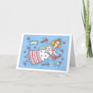 FOLK ART ANGEL, CAT AND FLYING HEARTS THANK YOU CARD