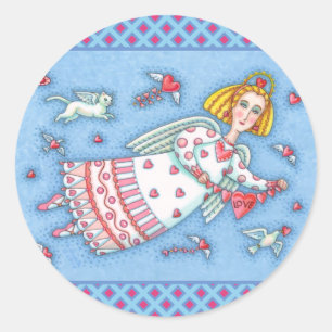 FOLK ART ANGEL, CAT AND FLYING HEARTS VALENTINE CLASSIC ROUND STICKER