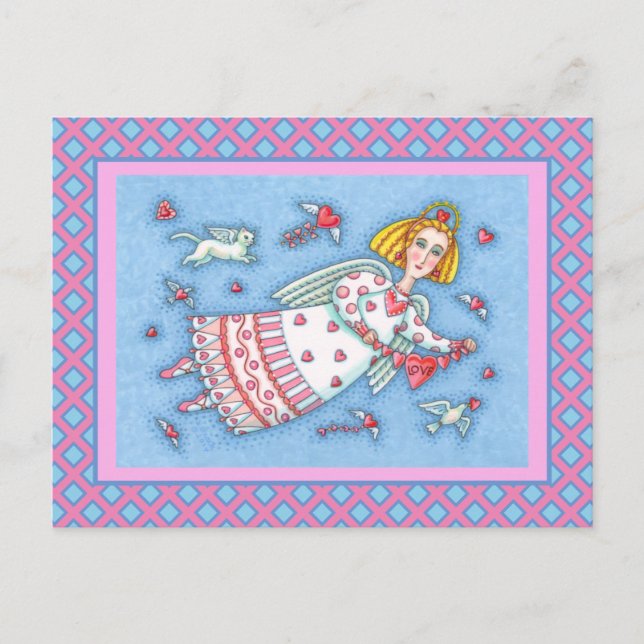 FOLK ART ANGEL, CAT AND FLYING HEARTS VALENTINE HOLIDAY POSTCARD (Front)
