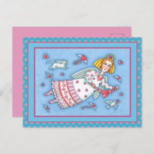 FOLK ART ANGEL, CAT AND FLYING HEARTS VALENTINE HOLIDAY POSTCARD