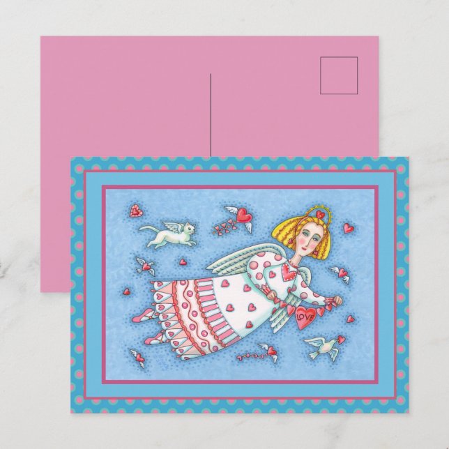 FOLK ART ANGEL, CAT AND FLYING HEARTS VALENTINE HOLIDAY POSTCARD (Front/Back)